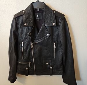 7 For All Mankind Womens Black Leather Moto Jacket with Silver Hardware